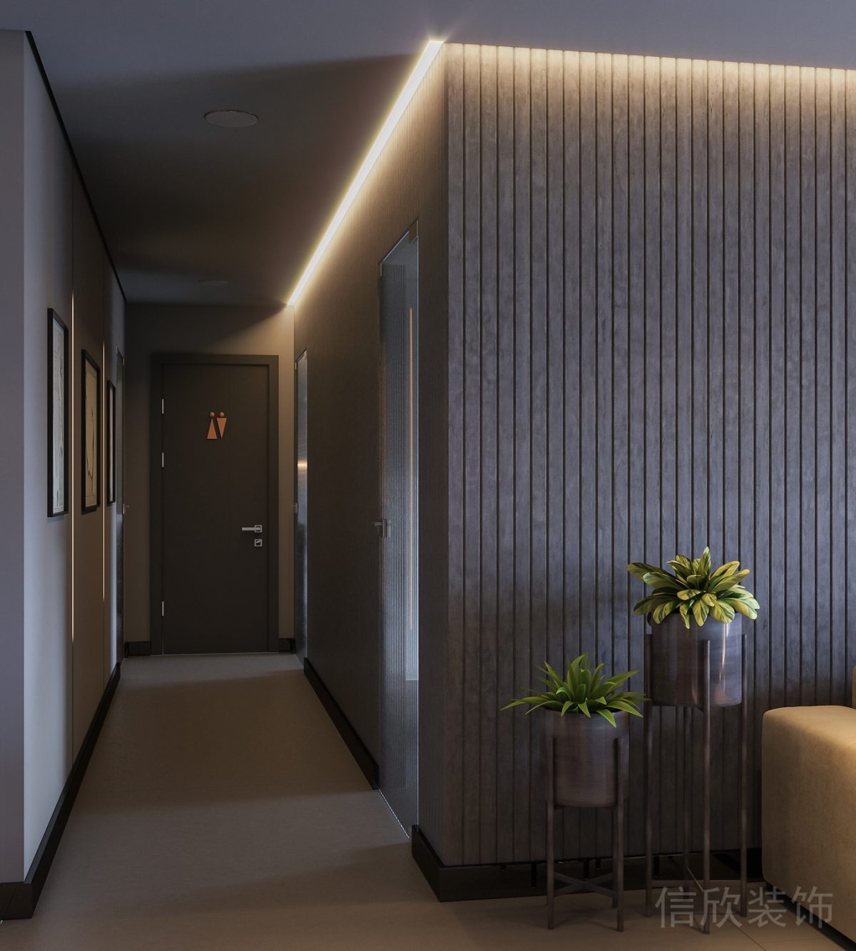 豎紋木墻板格柵板深色商務過道