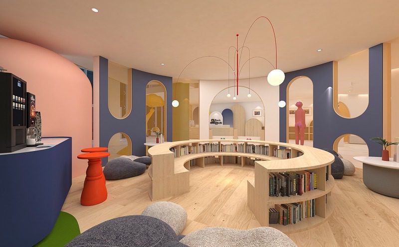 深圳龍華畢加索國際美術教育中心環(huán)形木質矮書柜效果圖