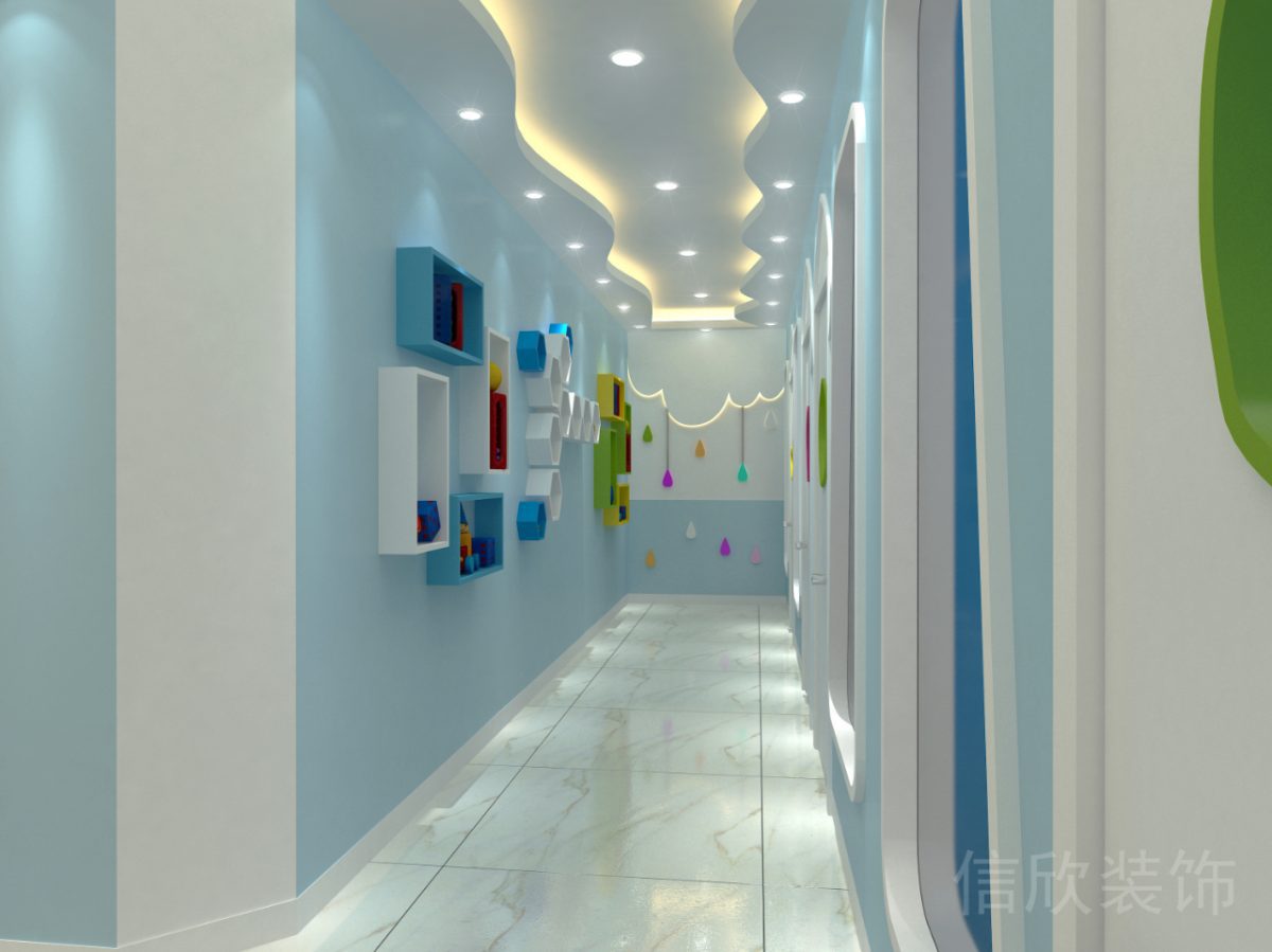 深圳市羅湖區(qū)東門海豚街國(guó)際少兒鋼琴培訓(xùn)中心藍(lán)色過(guò)道曲線天花吊頂