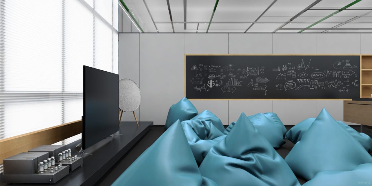 現(xiàn)代簡約藍(lán)色沙袋座椅研發(fā)討論辦公室設(shè)計(jì)