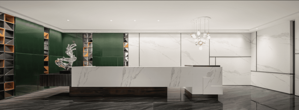 現(xiàn)代拼接大理石墻面前臺裝修