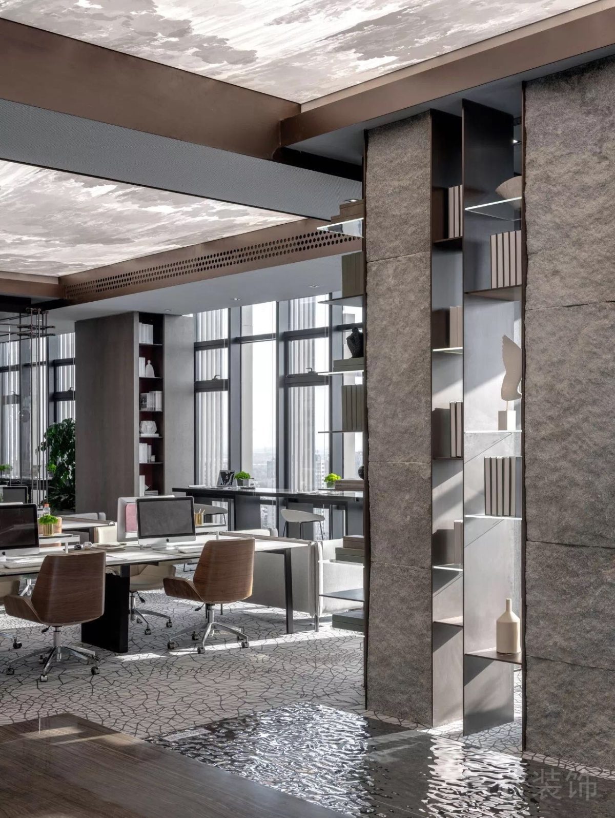 現代輕奢風辦公空間辦公區(qū)石材隔斷墻裝修設計