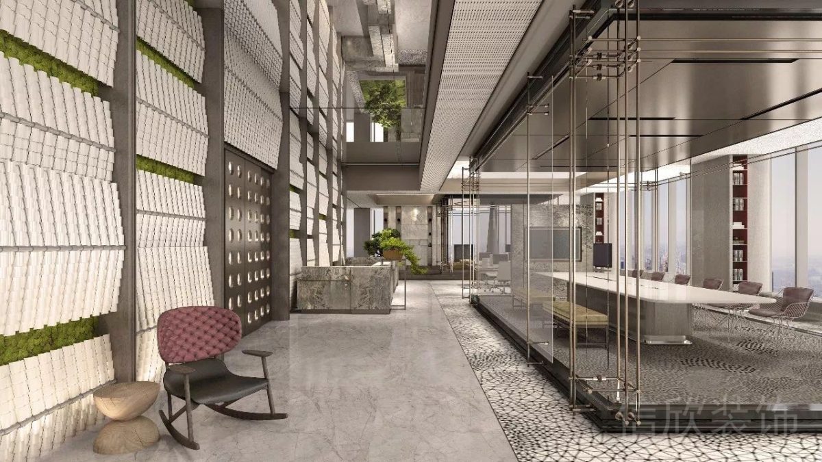 現代輕奢風辦公空間過道白色瓦片墻面裝修設計