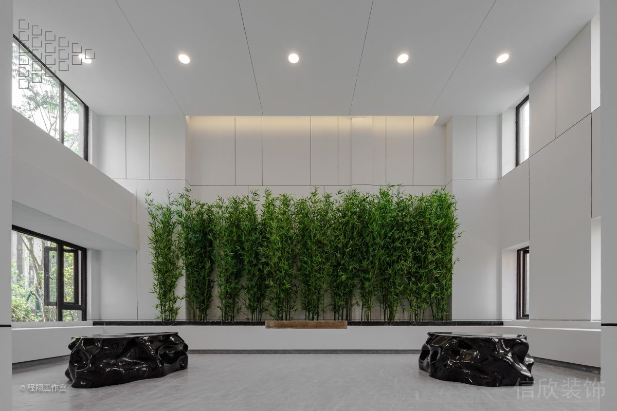 大理石不規(guī)則座椅排列式竹子種植健身房大廳