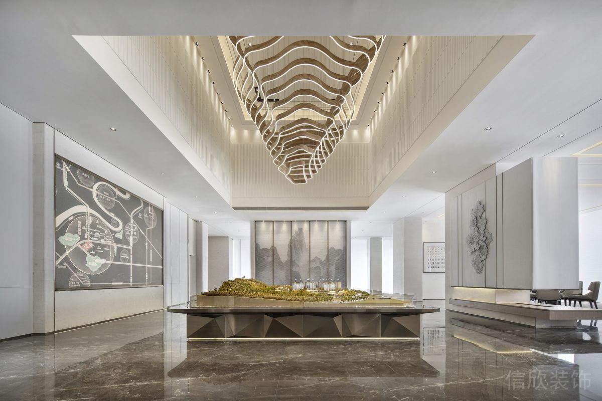 售樓處辦公室裝修設(shè)計(jì)幾何結(jié)構(gòu)大理石前臺(tái)大廳裝修