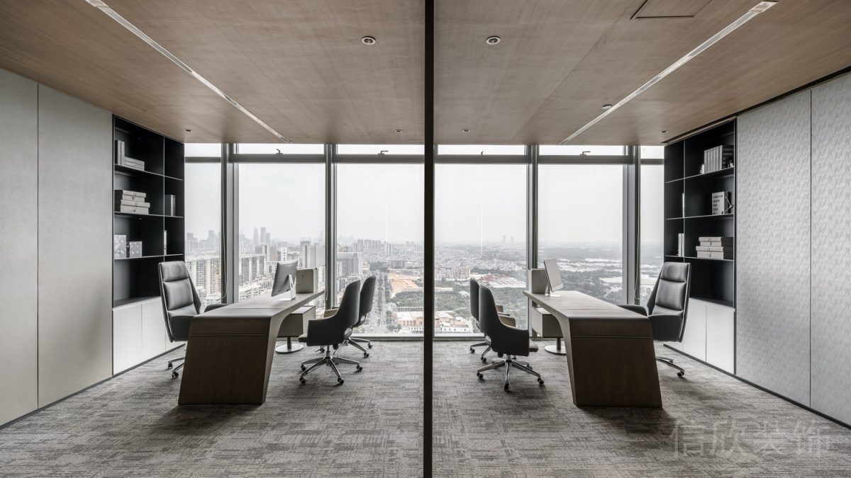 對稱式現(xiàn)代簡約風l型原木辦公桌效果圖