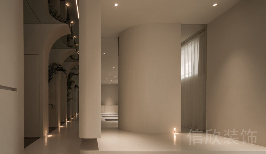 瑜伽機(jī)構(gòu)裝修效果墻體鏤空?qǐng)A角設(shè)計(jì)