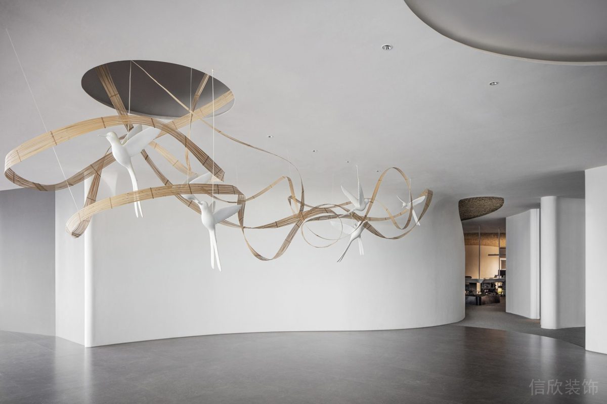 波浪式墻體裝修懸吊式木質(zhì)編織藝術品設計辦公室大廳效果圖