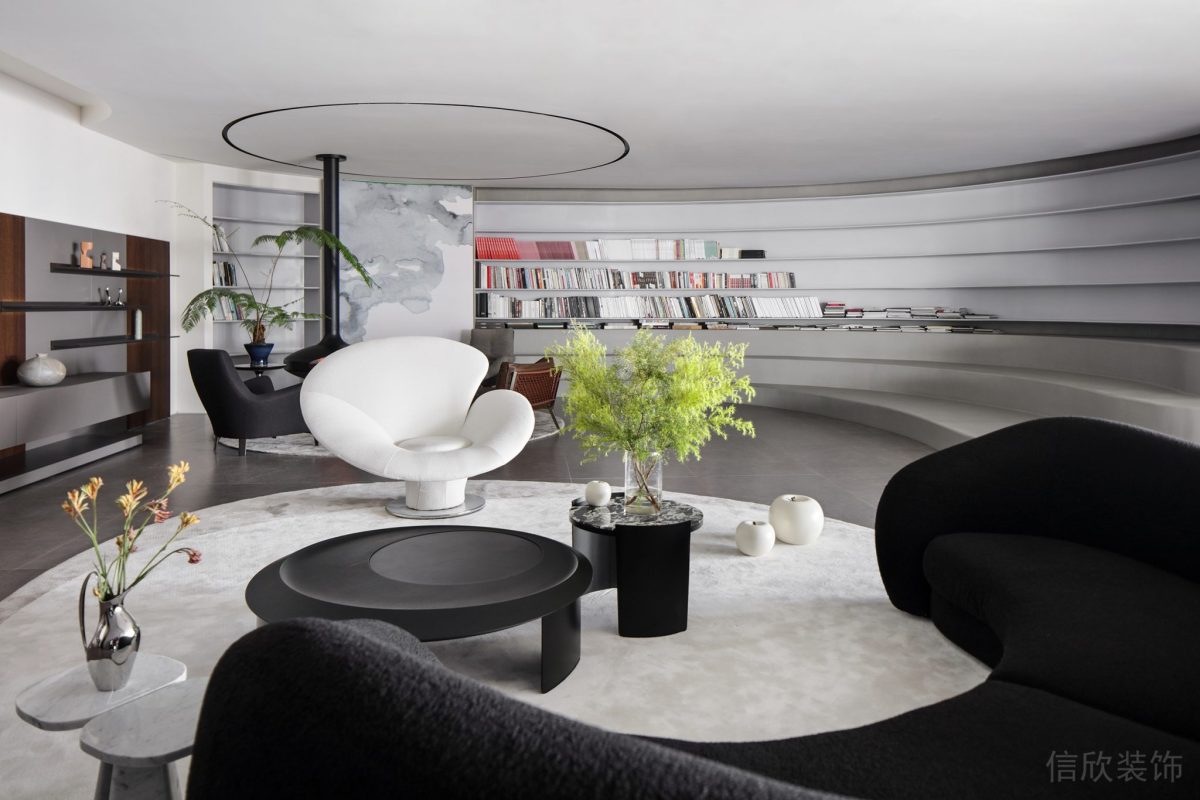 白色貝殼式懶人沙發(fā)設(shè)計(jì)搭配白色反絨皮地毯裝修辦公室休息區(qū)裝修