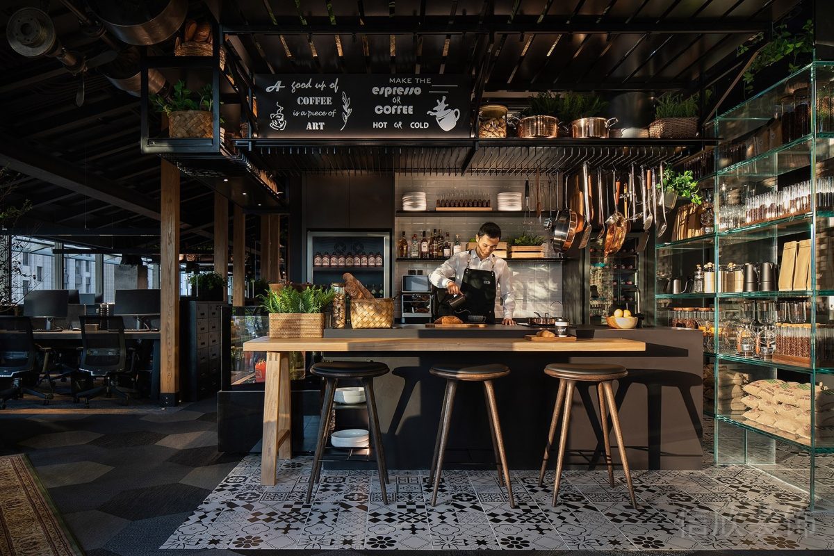 茶水間原木風(fēng)辦公室裝修水吧臺(tái)深色復(fù)古美式設(shè)計(jì)效果圖