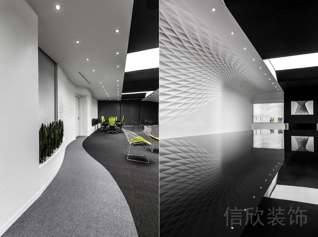 黑白色調(diào)弧線地板設(shè)計(jì)地毯效果圖裝修辦公室走廊設(shè)計(jì)圖