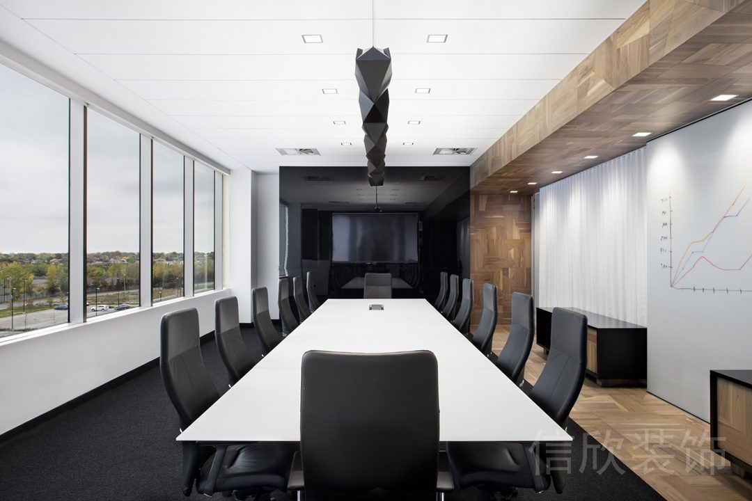 會議室直線式長桌裝修玻璃窗設計木制效果現代簡約風裝修
