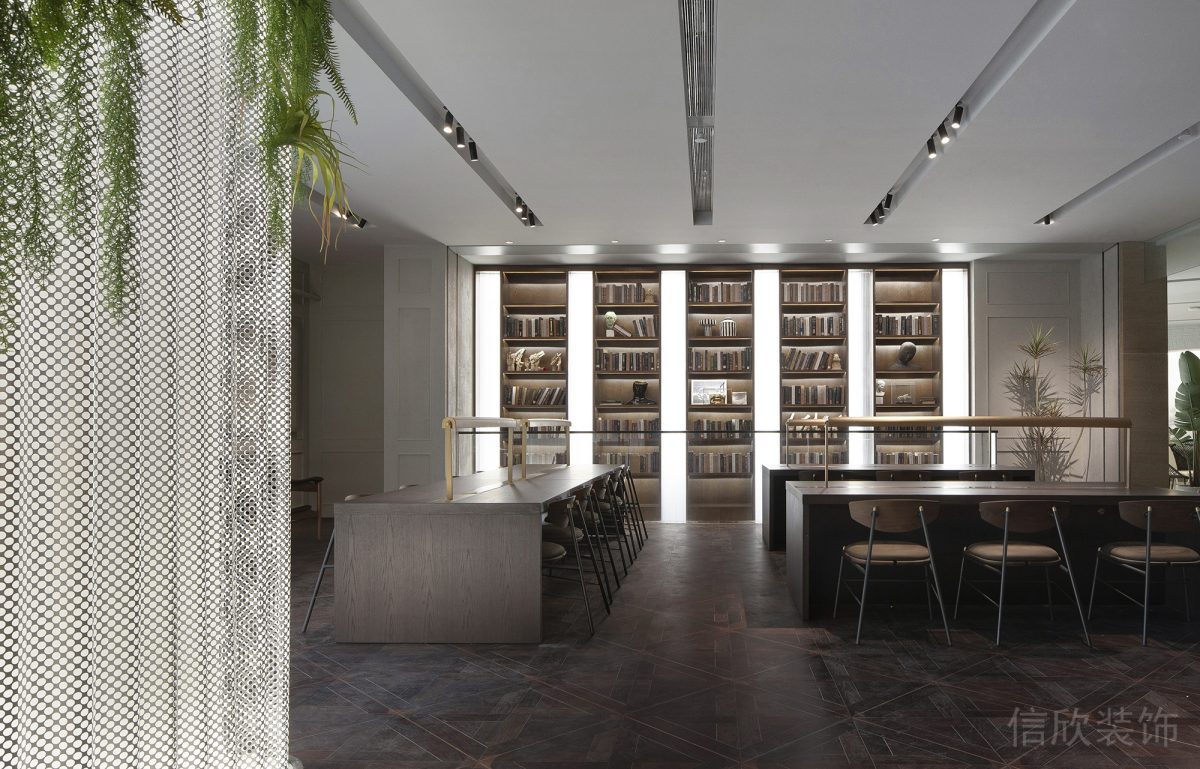 Led燈飾設計木質墻柜收納柜工作區 二層開放辦公區