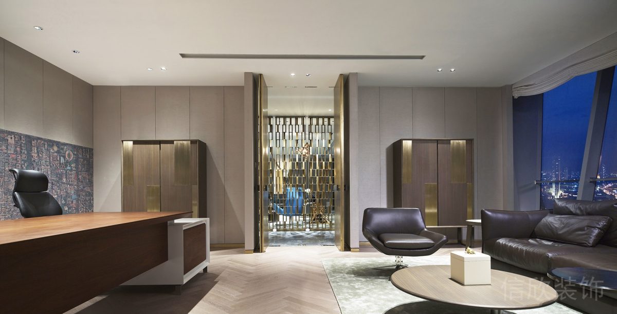 皮革沙發(fā)裝修設(shè)計商務(wù)風(fēng)領(lǐng)導(dǎo)辦公室效果圖木飾面真皮效果