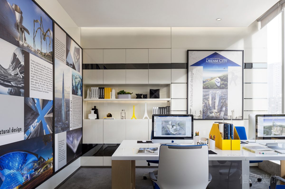 收納墻柜黑白色調(diào)裝修辦公桌效果工作桌北歐風裝修圖