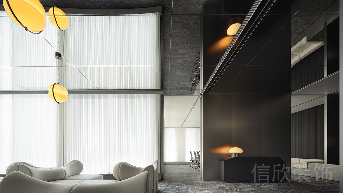 未來科技感鏡面裝修地毯效果弧線沙發(fā)白色設(shè)計(jì)辦公室大廳