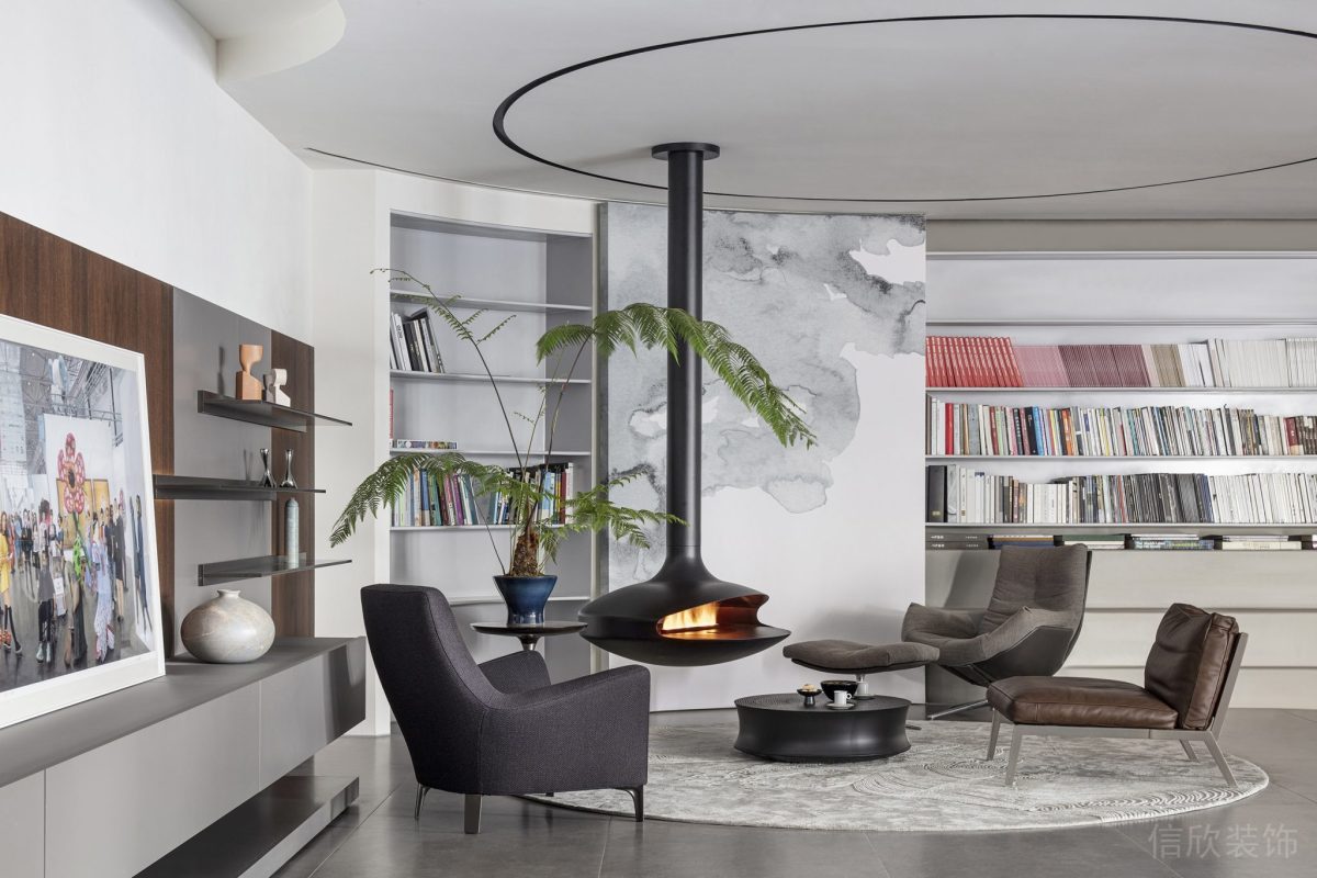 懸吊式黑色調(diào)暖爐設(shè)計(jì)皮革商務(wù)座椅設(shè)計(jì)辦公室裝修設(shè)計(jì)圖