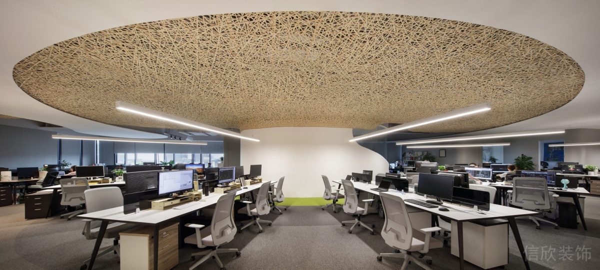 圓形環(huán)繞式原木編織品天花板裝修懸吊式條形燈帶辦公室設(shè)計(jì)圖