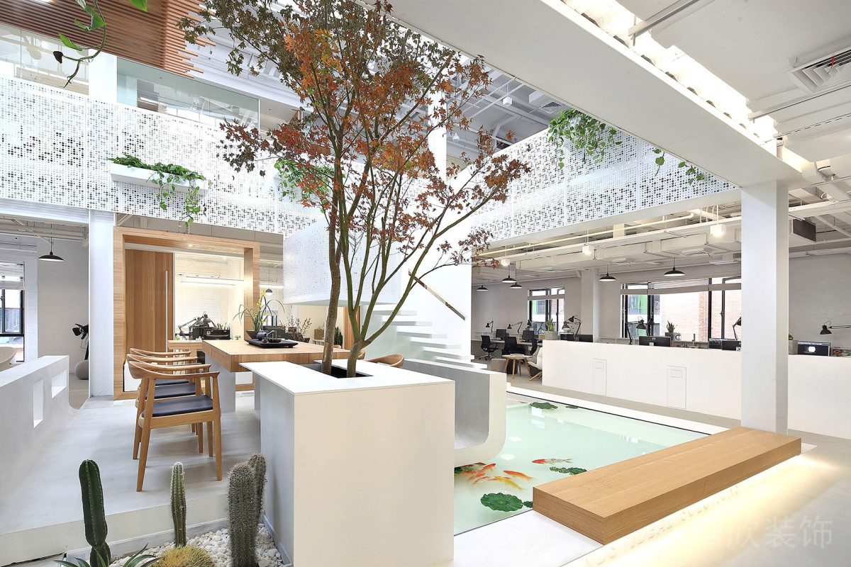 中國風裝修大廳池塘辦公室木質(zhì)效果圖