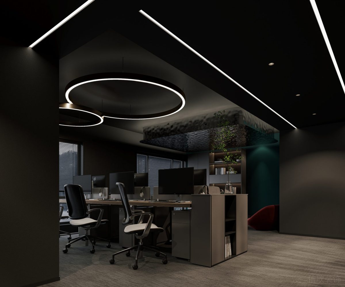 暗色系辦公室工位設(shè)計(jì)天花圓型燈飾效果直線式天花設(shè)計(jì)