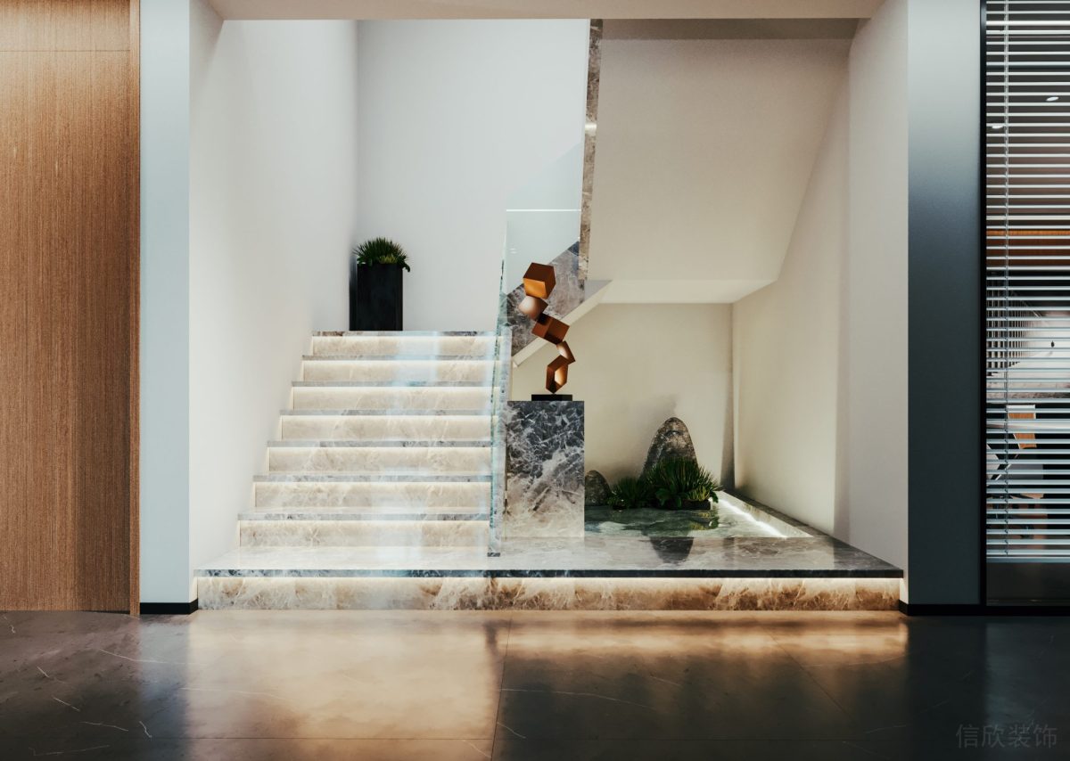玻璃半墻設(shè)計(jì)大理石輕奢風(fēng)辦公室過(guò)道效果樓梯下空間微景觀設(shè)計(jì)圖