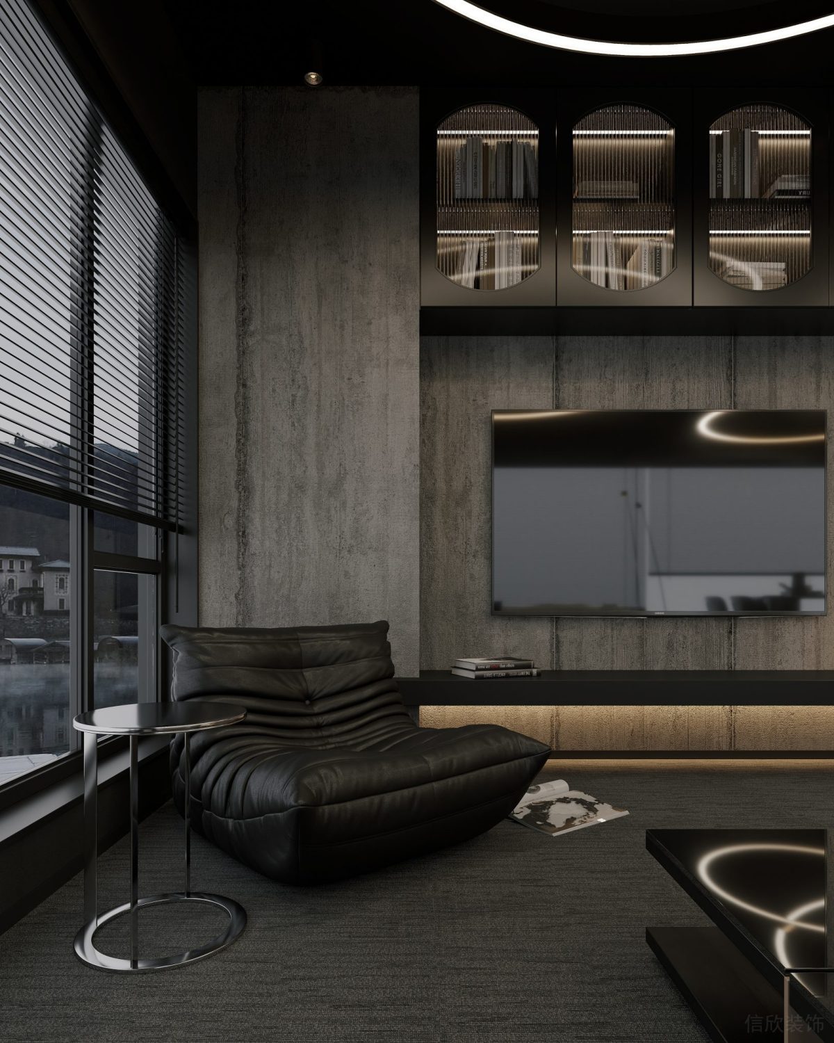 半墻設(shè)計(jì)裝修效果天花儲(chǔ)物柜設(shè)計(jì)現(xiàn)代工業(yè)風(fēng)設(shè)計(jì)裝修黑色皮革沙發(fā)設(shè)計(jì)