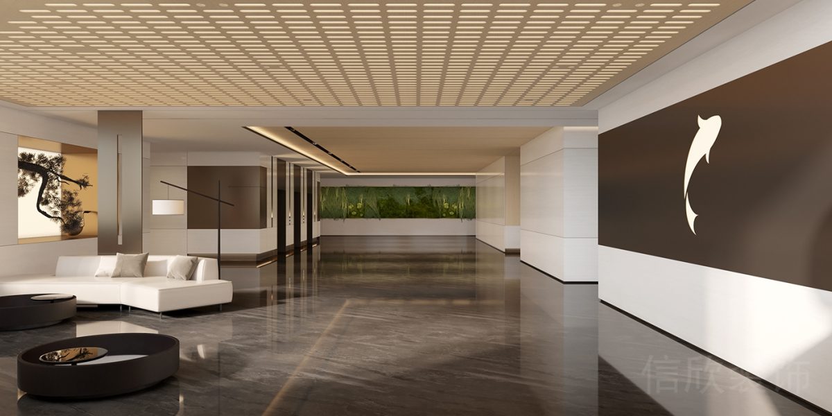 白色弧線沙發(fā)座椅裝修休息區(qū)金屬燈飾海豚圖案設計辦公室輕奢風效果圖