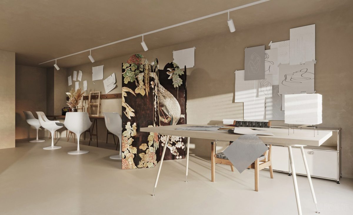 白色射燈設(shè)計(jì)工作桌效果屏風(fēng)中式風(fēng)效果幾何工作臺座椅