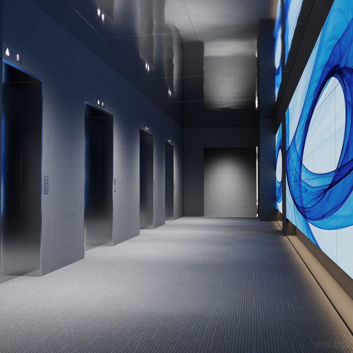 電梯等候區(qū)域設(shè)計地毯裝修天花鏡面效果圖裝修背景板效果辦公室