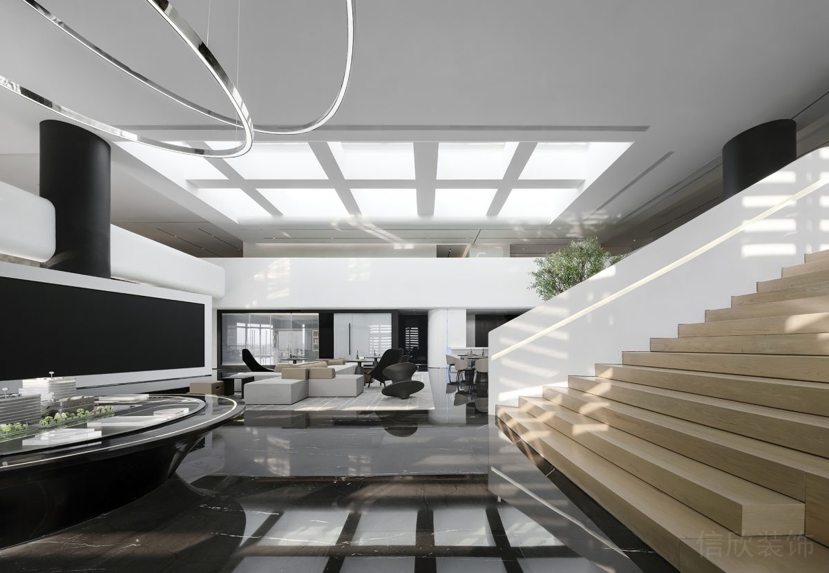 大廳過道辦公室裝修設(shè)計(jì)現(xiàn)代簡(jiǎn)約風(fēng)木飾面過道裝修燈飾天花格子設(shè)計(jì)