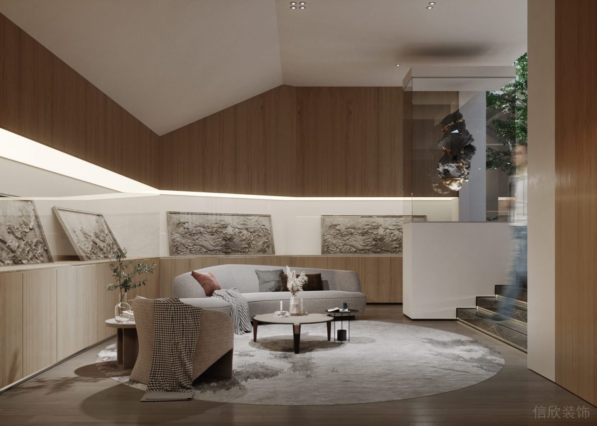 大廳日式木飾面藝術(shù)展畫半墻設(shè)計(jì)儲(chǔ)物效果辦公室弧線裝修圖