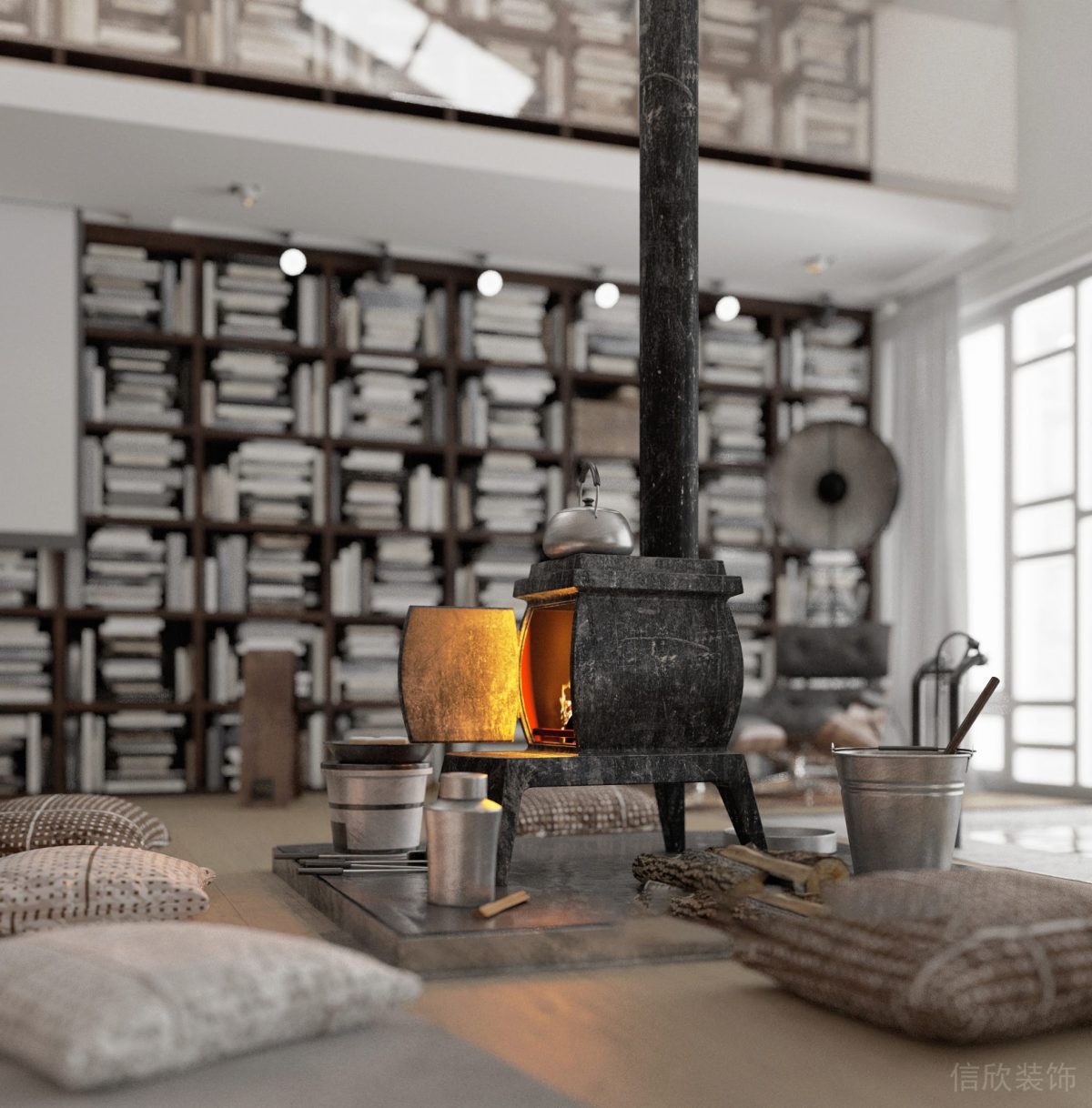 復(fù)古木飾墻柱設(shè)計(jì)地臺(tái)瓷磚暖爐效果榻榻米休息區(qū)裝修圖