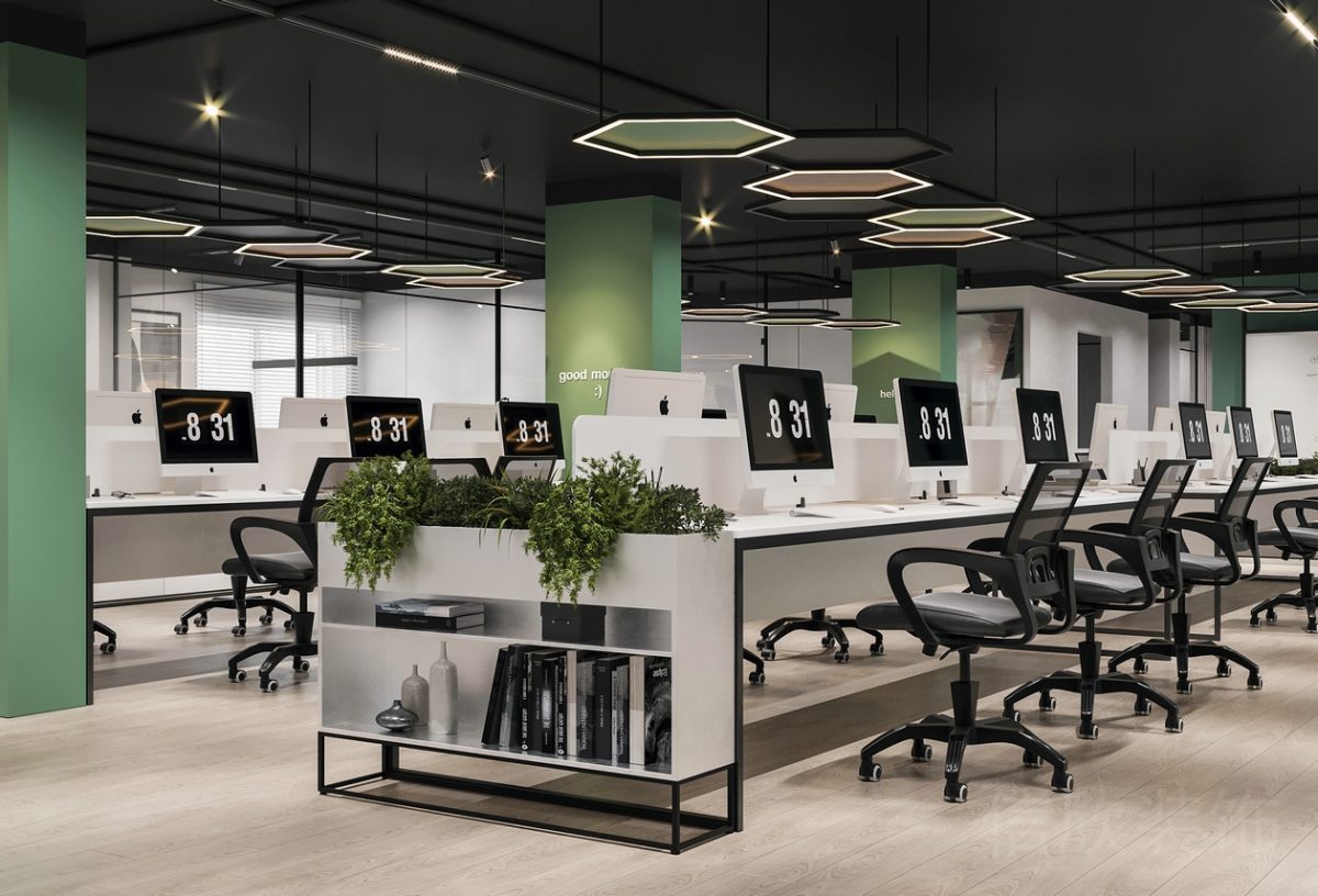 工位員工開放區(qū)域辦公室直線式黑白色調(diào)效果圖工業(yè)風(fēng)天花吊頂實(shí)木設(shè)計(jì)圖