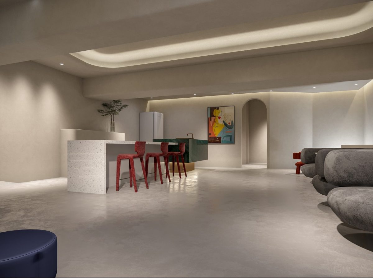 工作室裝修設(shè)計(jì)紅高腳椅直線式長(zhǎng)桌裝修大廳洽談區(qū)設(shè)計(jì)極簡(jiǎn)風(fēng)