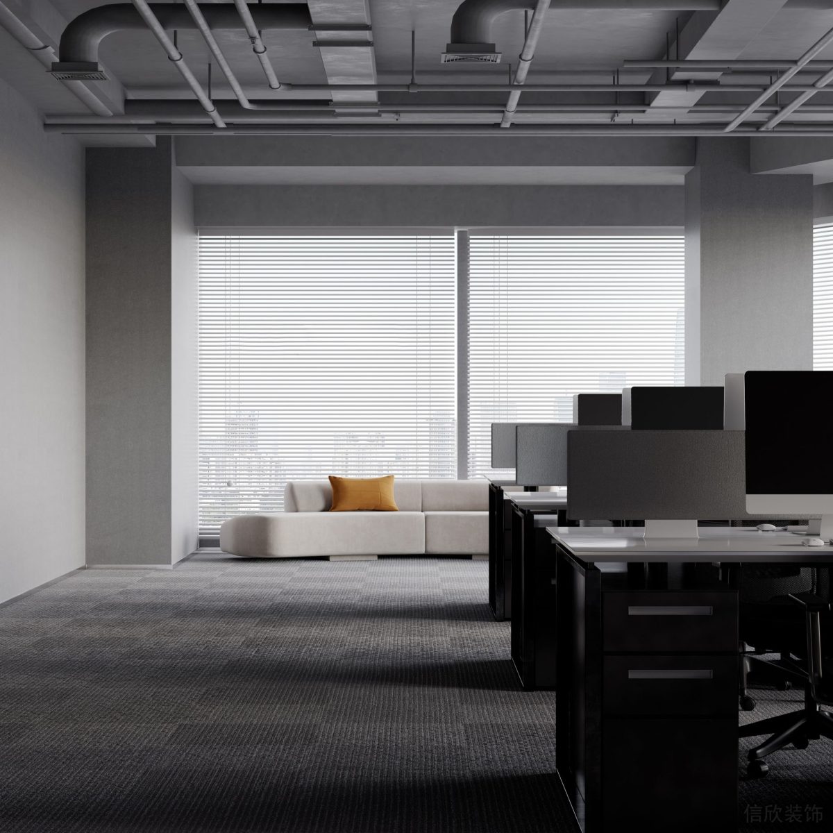 黑白色調(diào)設(shè)計(jì)辦公室裝修效果工業(yè)風(fēng)管道天花工位裝修