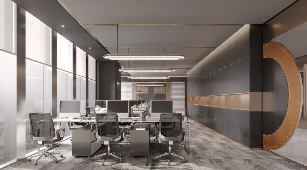 黑白色調(diào)商務(wù)風(fēng)格辦公室設(shè)計(jì)金屬天花弧線皮革軟包車縫線設(shè)計(jì)效果圖