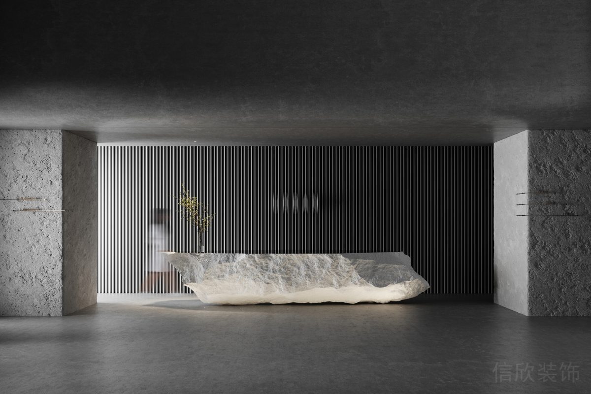 黑白色調(diào)酒店大堂設(shè)計(jì)大廳裝修辦公室設(shè)計(jì)石板材鏤空墻體背景板效果