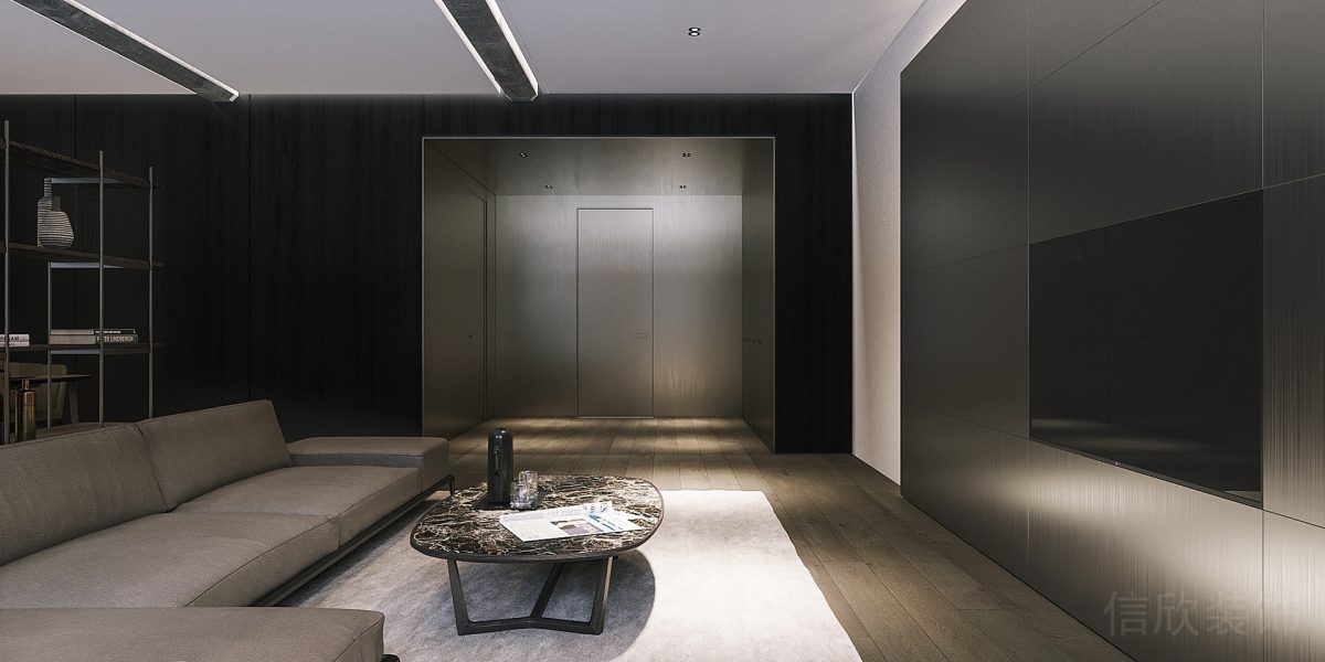 黑色墻體辦公室裝修現(xiàn)代簡約風(fēng)布藝沙發(fā)灰色調(diào)裝修