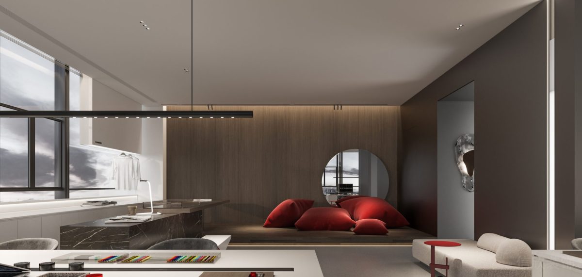 紅色榻榻米休息區員工休息區午睡大理石瓷磚輕奢風辦公室裝修