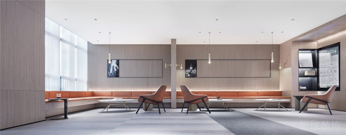 環(huán)形橙色沙發(fā)設(shè)計懸吊式銀色鋁合金射燈裝修辦公室員工休息區(qū)設(shè)計圖