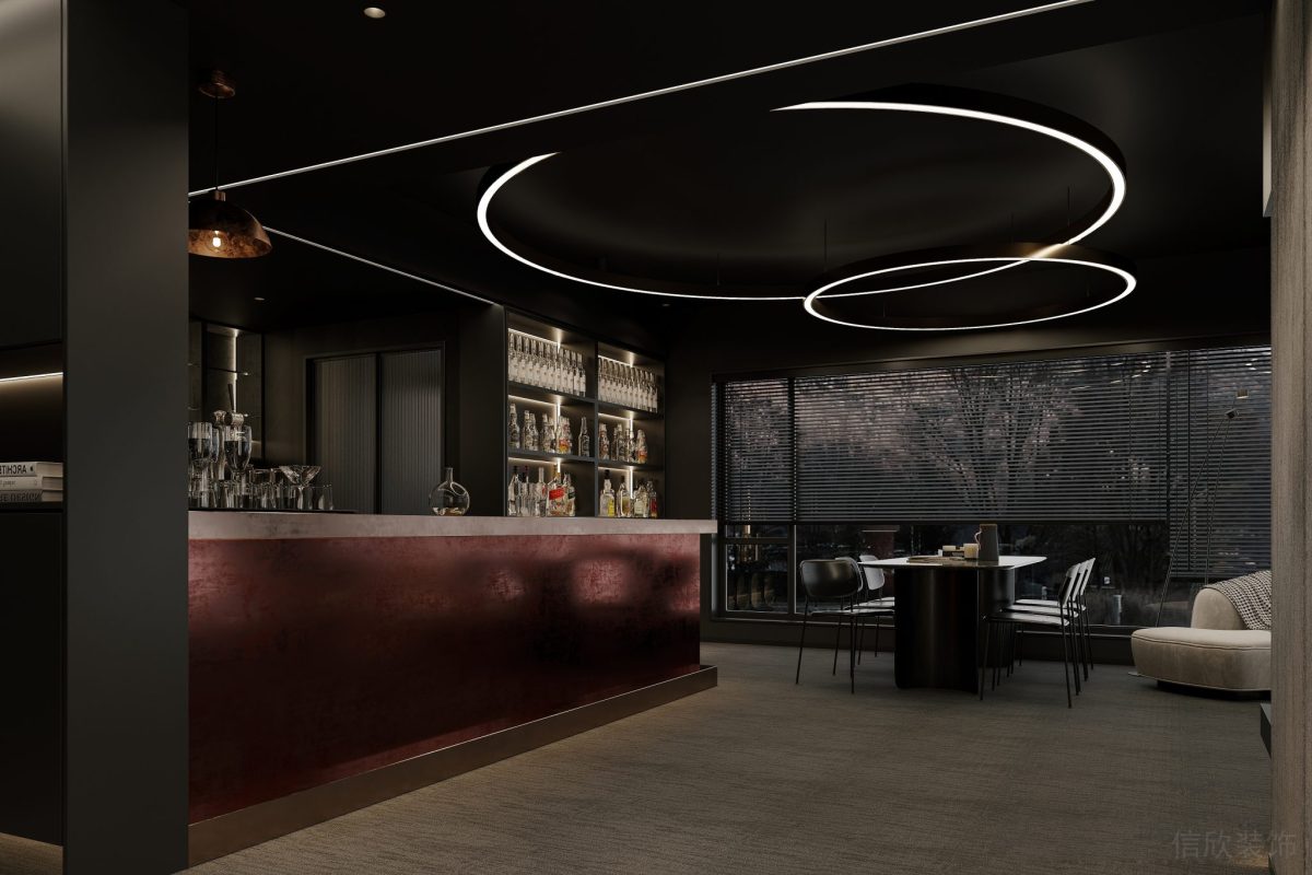 環(huán)形燈飾設(shè)計(jì)鏤空天花簡(jiǎn)約風(fēng)效果辦公室裝修紅色半墻設(shè)計(jì)酒吧工作室設(shè)計(jì)
