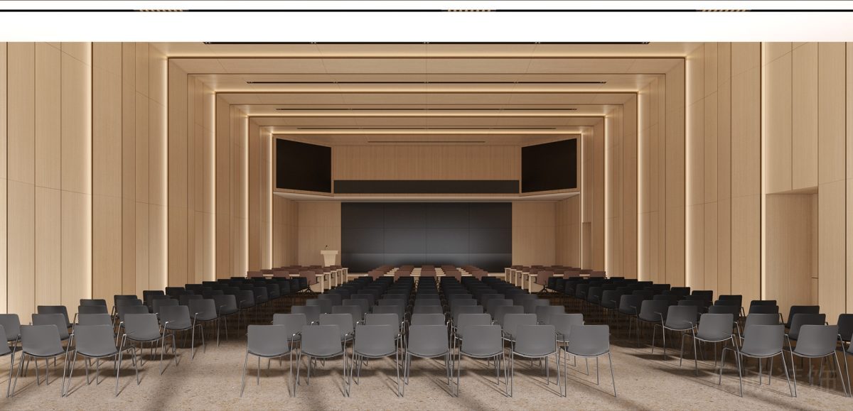 環(huán)形燈飾原木風設計辦公室會議室裝修舞臺設計裝修圖辦公室