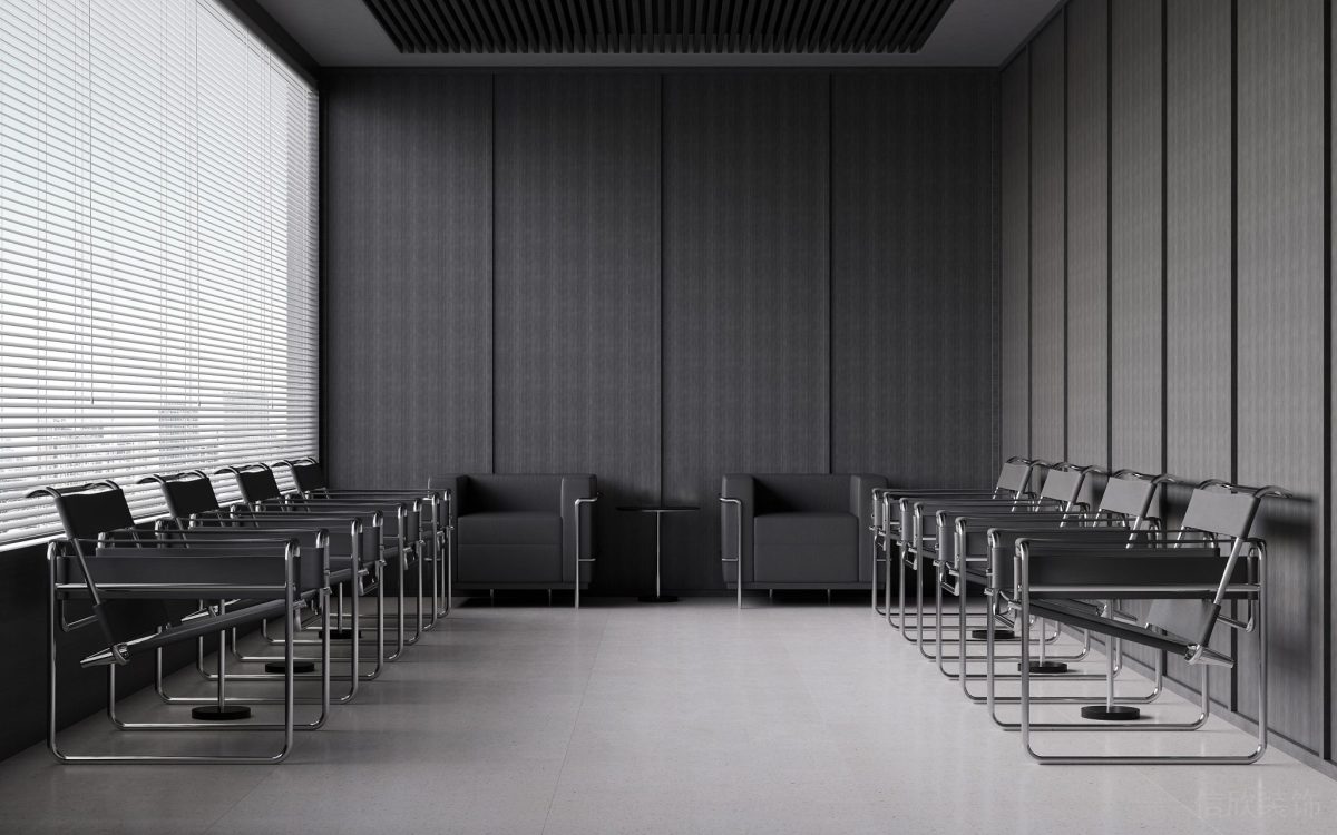 環(huán)形金屬簡約幾何設(shè)計線條黑色皮革座椅效果墻體設(shè)計辦公室