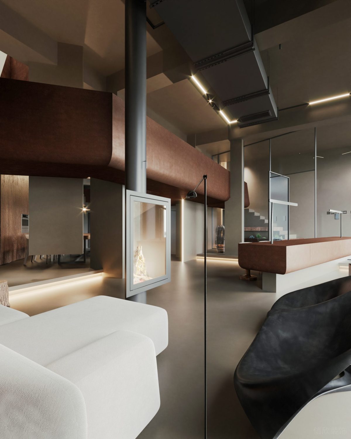 弧線設(shè)計裝修木質(zhì)休息區(qū)墻體設(shè)計鏤空櫥窗裝飾效果白色沙發(fā)休息區(qū)