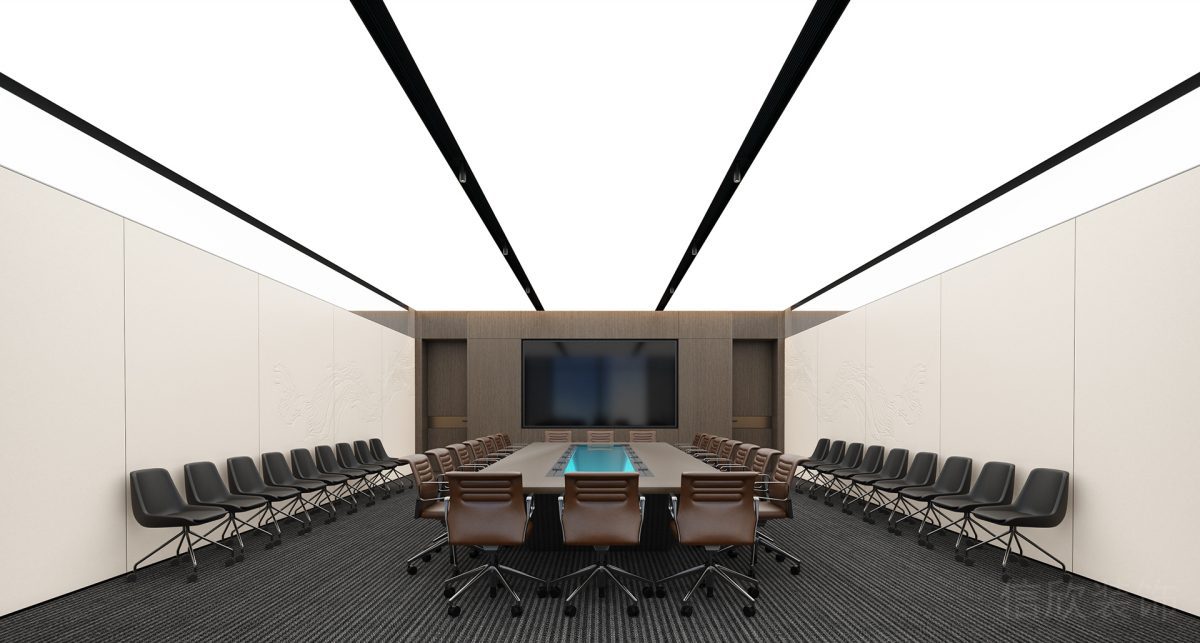 會議室裝修設計效果直線式天花可調(diào)節(jié)燈飾效果裝修地毯真皮沙發(fā)效果圖