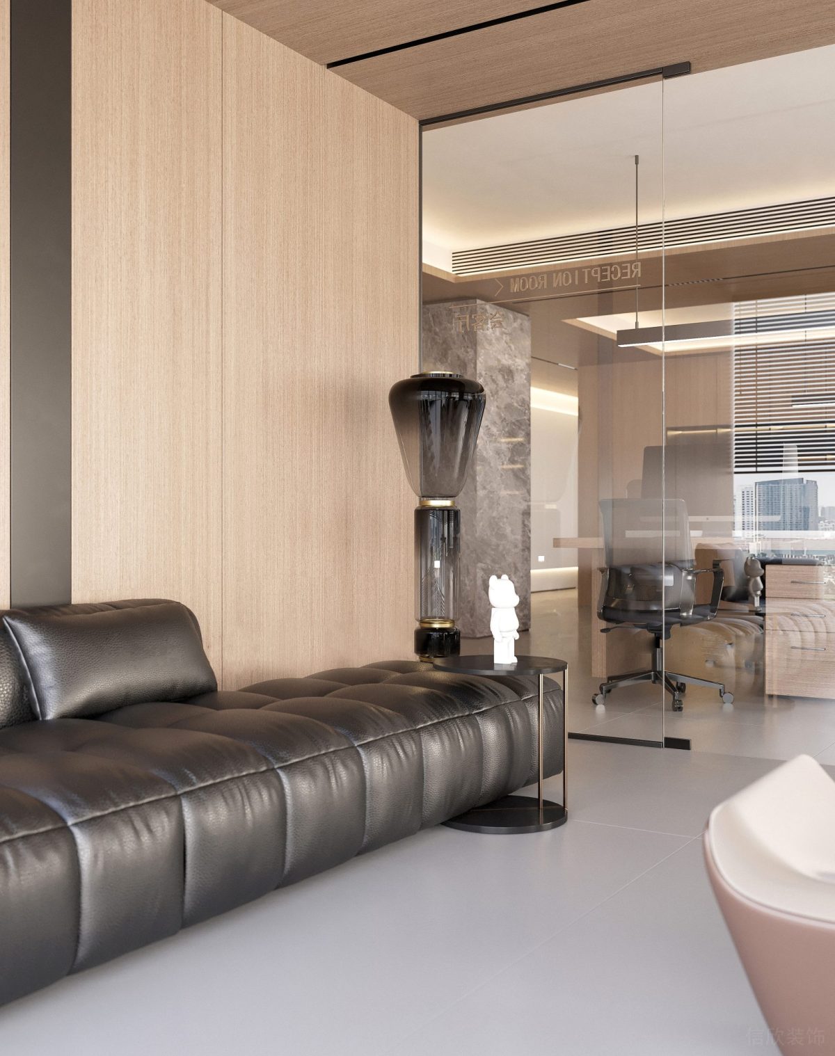 漸變玻璃藝術(shù)燈飾設(shè)計(jì)皮革沙發(fā)效果玻璃隔斷過道裝修洽談室