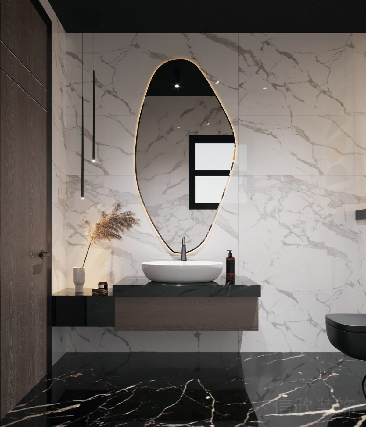 鏡面環(huán)形不規(guī)則燈飾效果大理石白色設(shè)計(jì)意大利瓷磚洗手臺辦公室效果