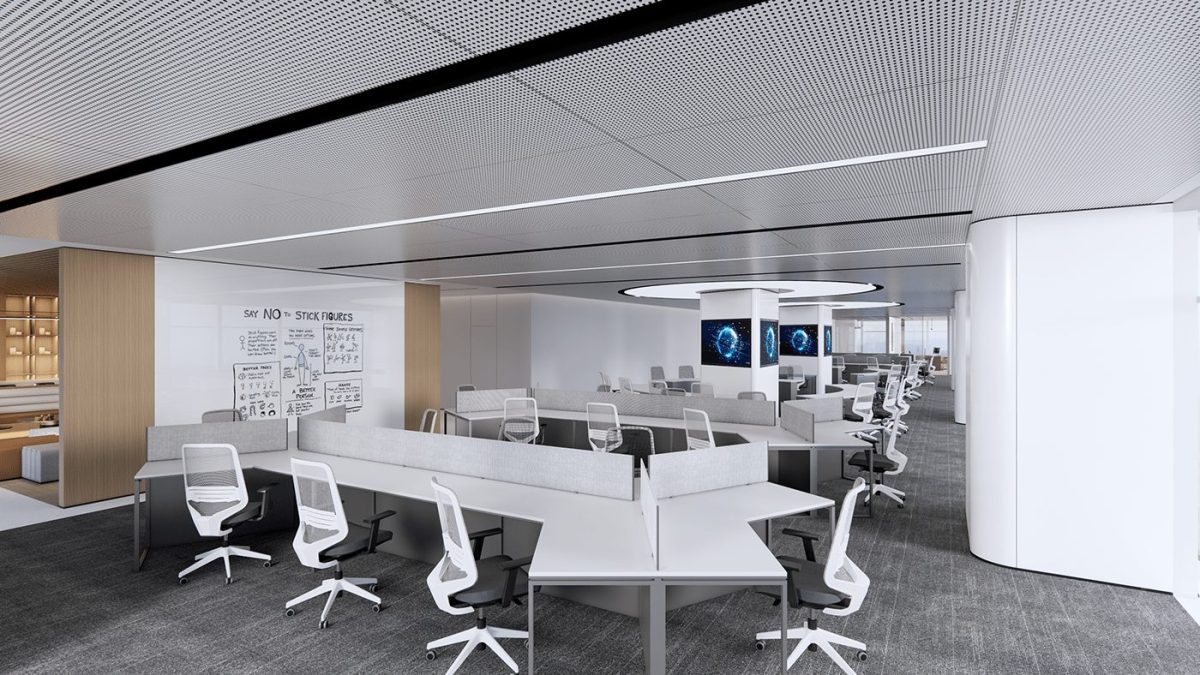 簡約風(fēng)辦公室裝修效果幾何線條面對面式工位效果