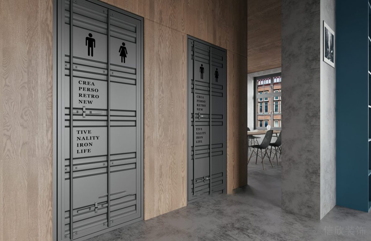 集裝箱創(chuàng)意設(shè)計(jì)辦公室洗手間男女分區(qū)衛(wèi)生間效果扶手金屬裝修灰色過(guò)道木飾面墻體