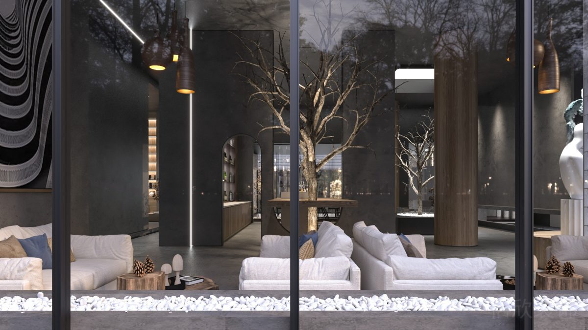 面對(duì)面洽談區(qū)辦公室裝修設(shè)計(jì)效果黑色金屬邊框辦公室設(shè)計(jì)